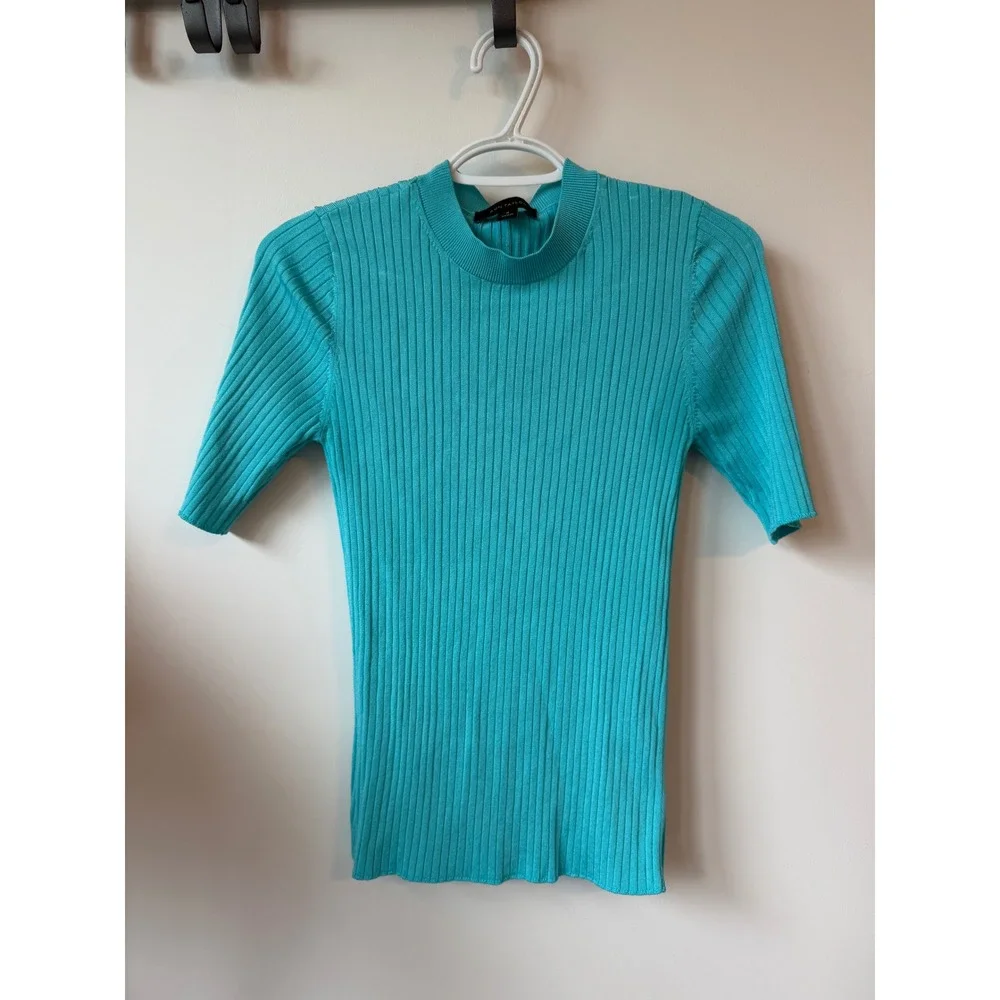 Ann Taylor Turquoise Ribbed Mock Neck Short Sleeve Sweater Top Size M